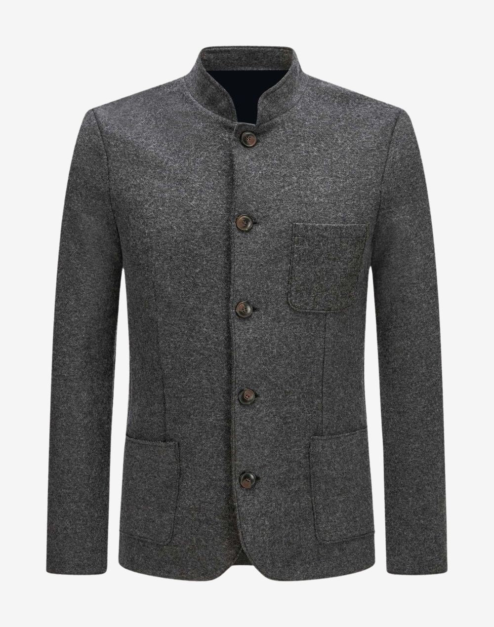 Back view of classic heritage wool jacket for men showing clean stitching, structured alpine fit and elbow patches.