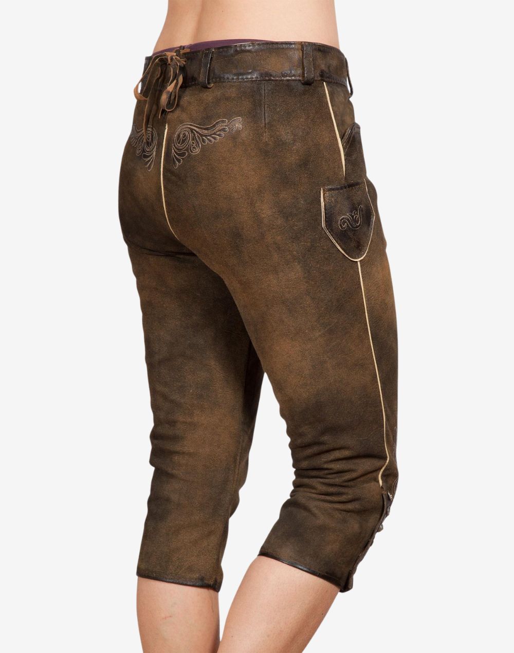 Brown leather pants with decorative stitching on a white background