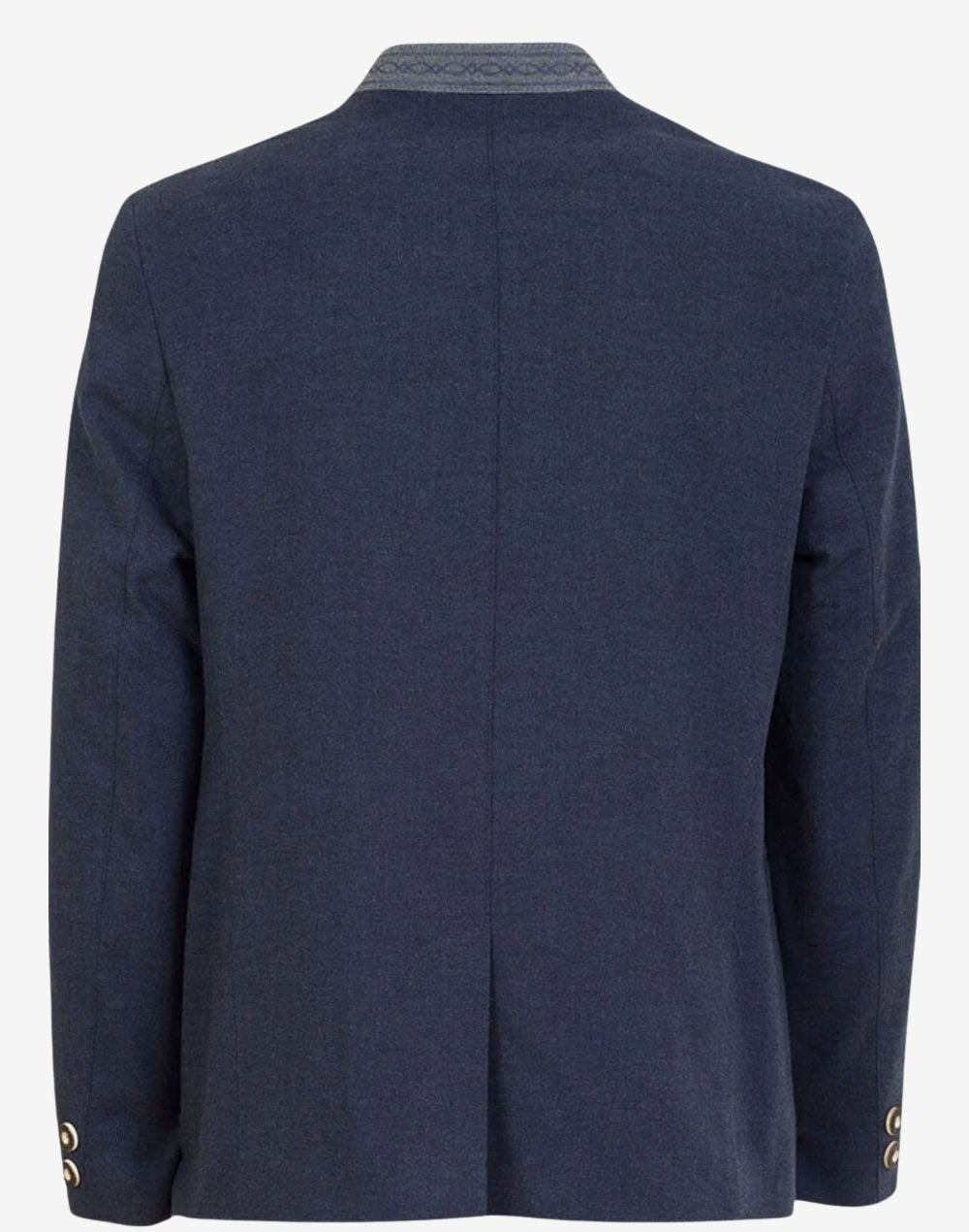 Back view of men’s navy blue Bavarian Trachten jacket showing clean tailored silhouette, structured fit, and premium wool construction for traditional German styling.