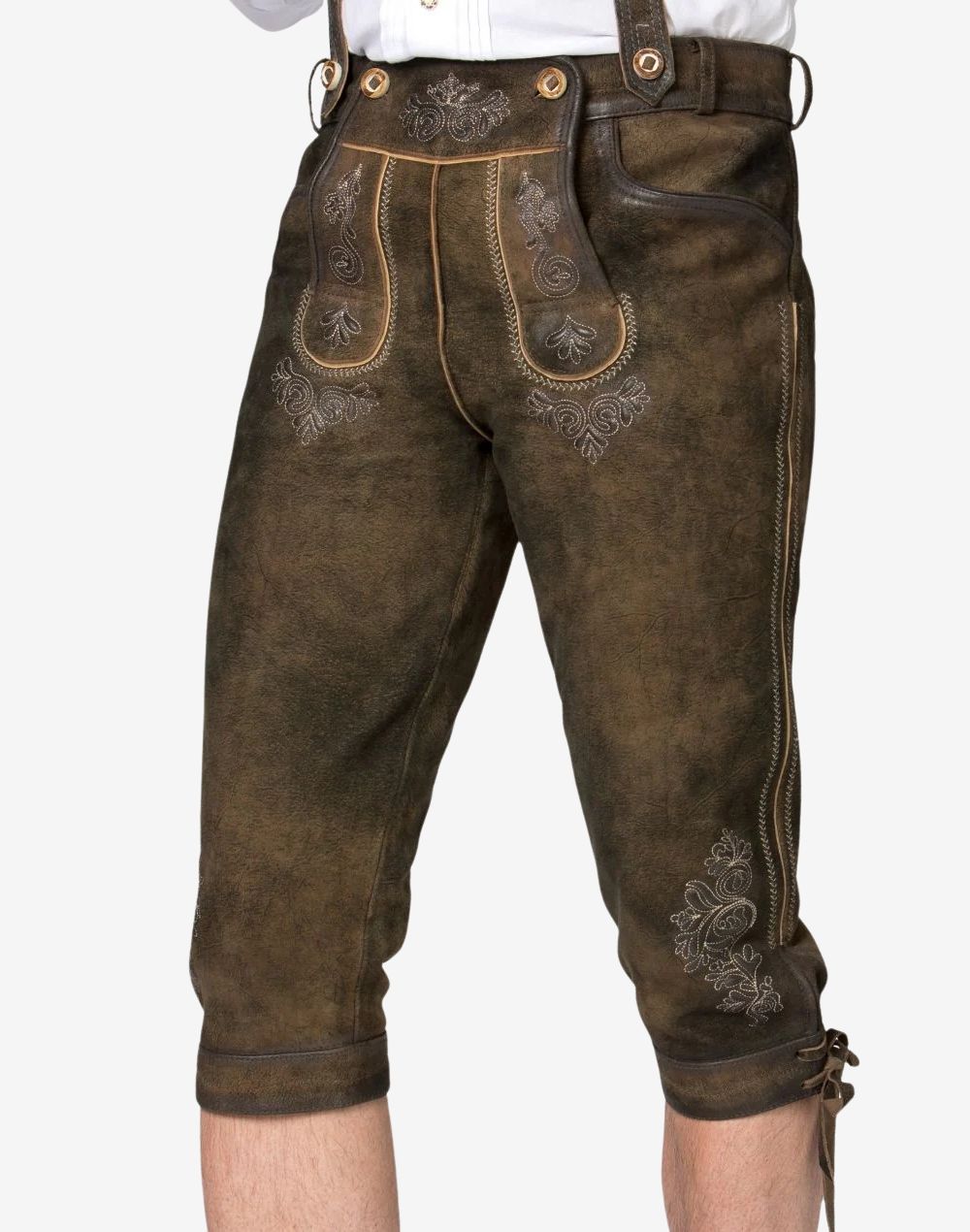 Model wearing classic Oktoberfest bundhosen showing front embroidery, leather texture and traditional Bavarian styling