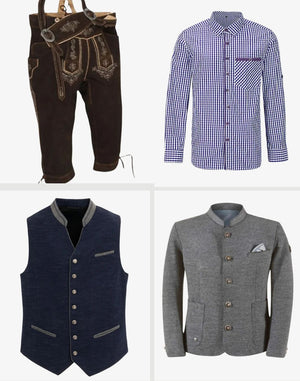 Four pieces of clothing including a checkered shirt, dark vest, gray jacket, and brown pants on a white background.