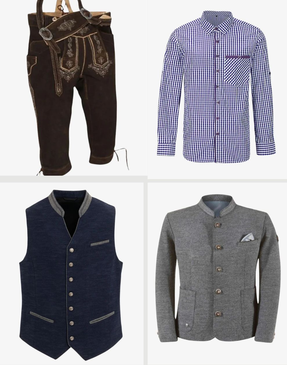 Four pieces of clothing including a checkered shirt, dark vest, gray jacket, and brown pants on a white background.