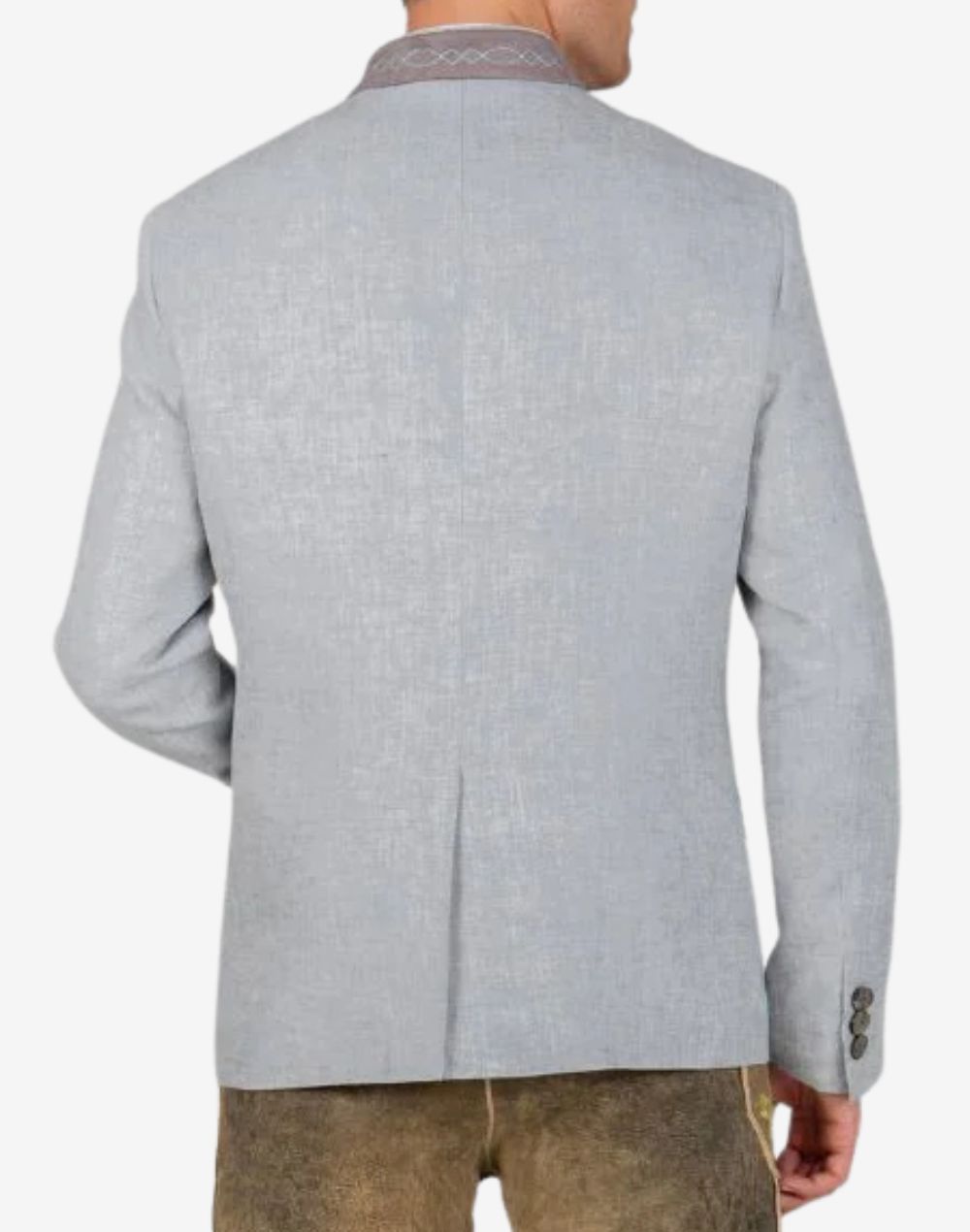 Back view of classic silver grey Bavarian jacket for men showcasing clean tailored structure, minimalist design, and traditional Alpine styling.