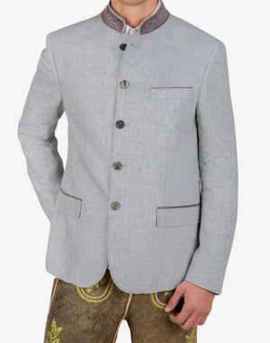 Front view of classic silver grey Bavarian jacket for men featuring stand collar, traditional Trachten style, button closure, and tailored fit in premium fabric.