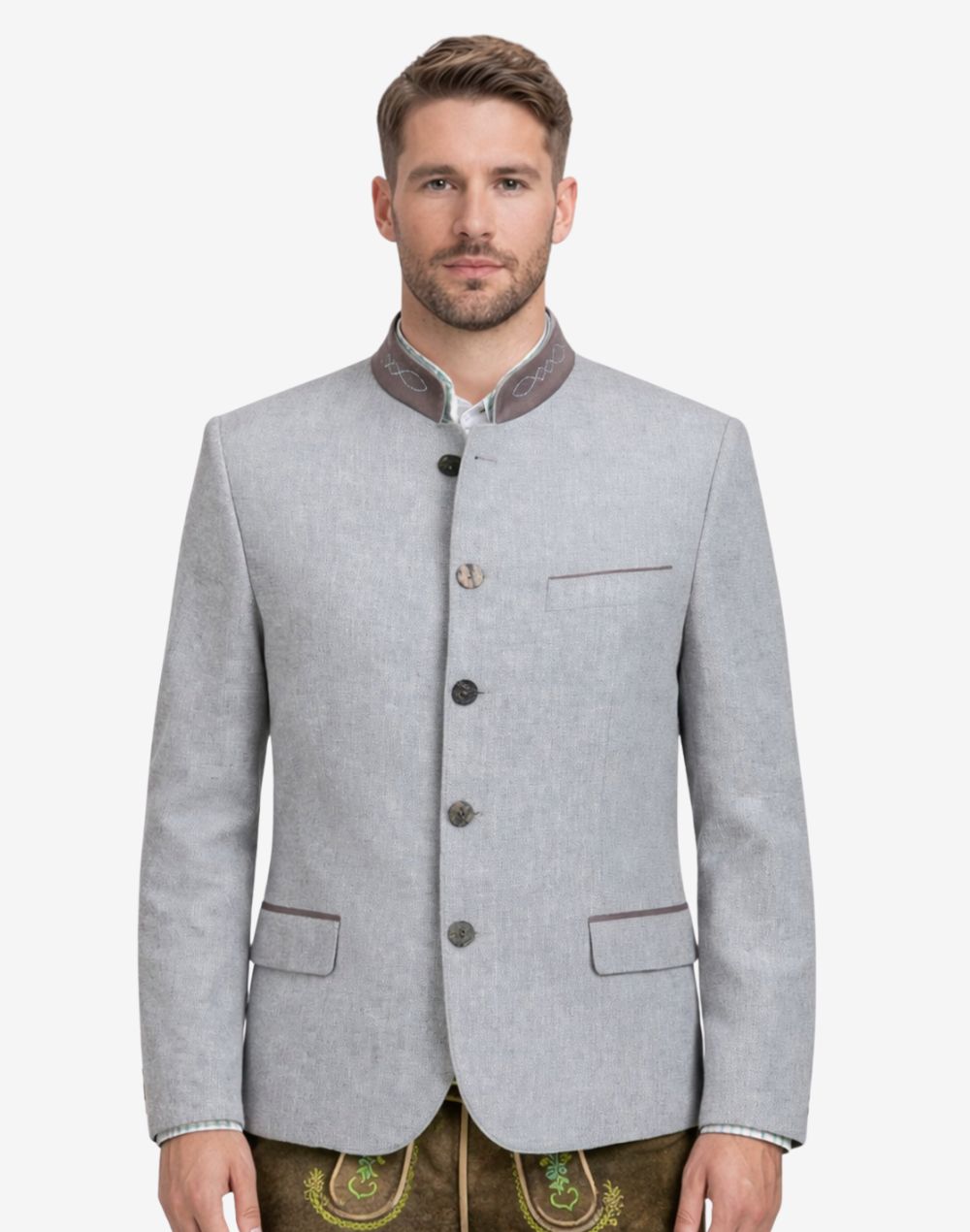 Model wearing classic silver grey Bavarian jacket for men with stand collar, elegant button front, traditional German design, paired with lederhosen for Oktoberfest outfit.
