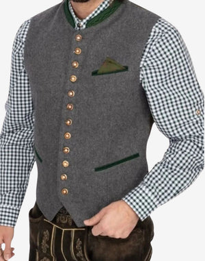 Angled front view of gray Bavarian vest highlighting tailored fit, classic trim accents, and traditional Trachten styling.