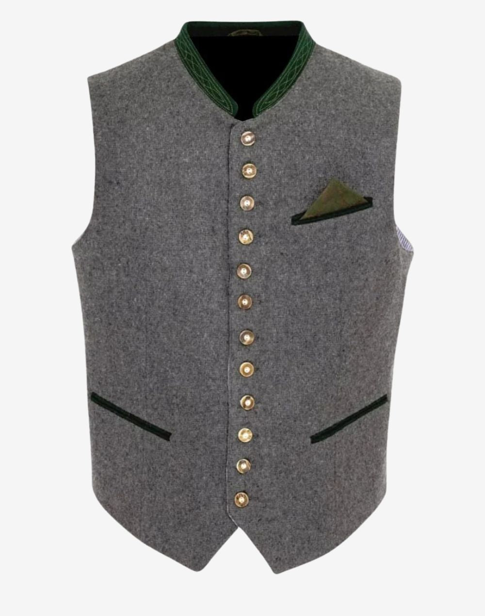 Front view of classic trim mens gray Bavarian vest featuring traditional Trachten design, button closure, and clean tailored fit.