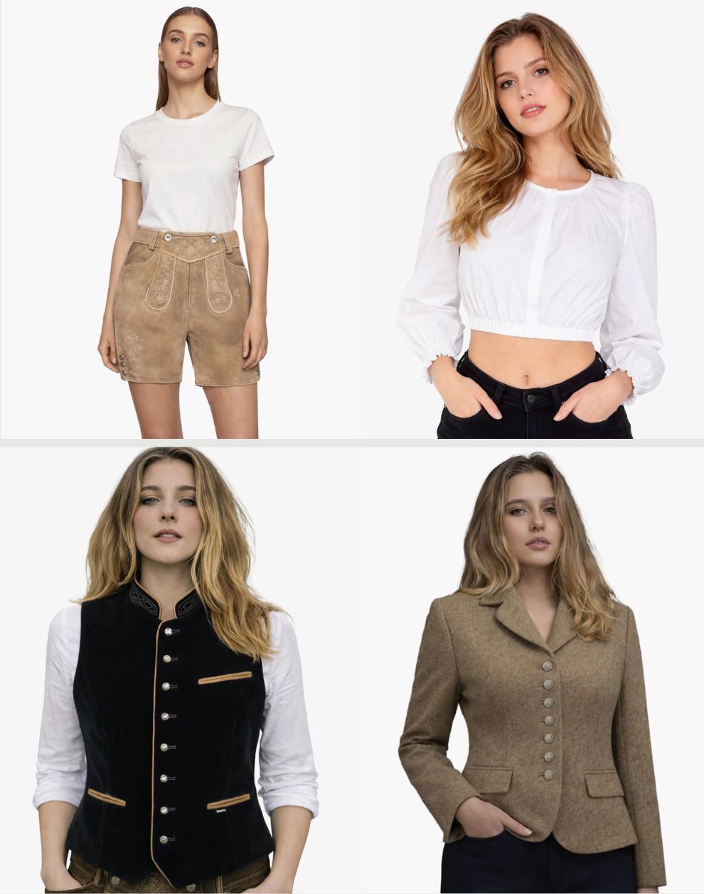 Women’s Oktoberfest outfit collection featuring lederhosen, dirndl blouses, waistcoats, and Bavarian jackets.