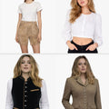 Women’s Oktoberfest outfit collection featuring lederhosen, dirndl blouses, waistcoats, and Bavarian jackets.