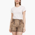 Woman wearing a white t-shirt and brown shorts on a white background