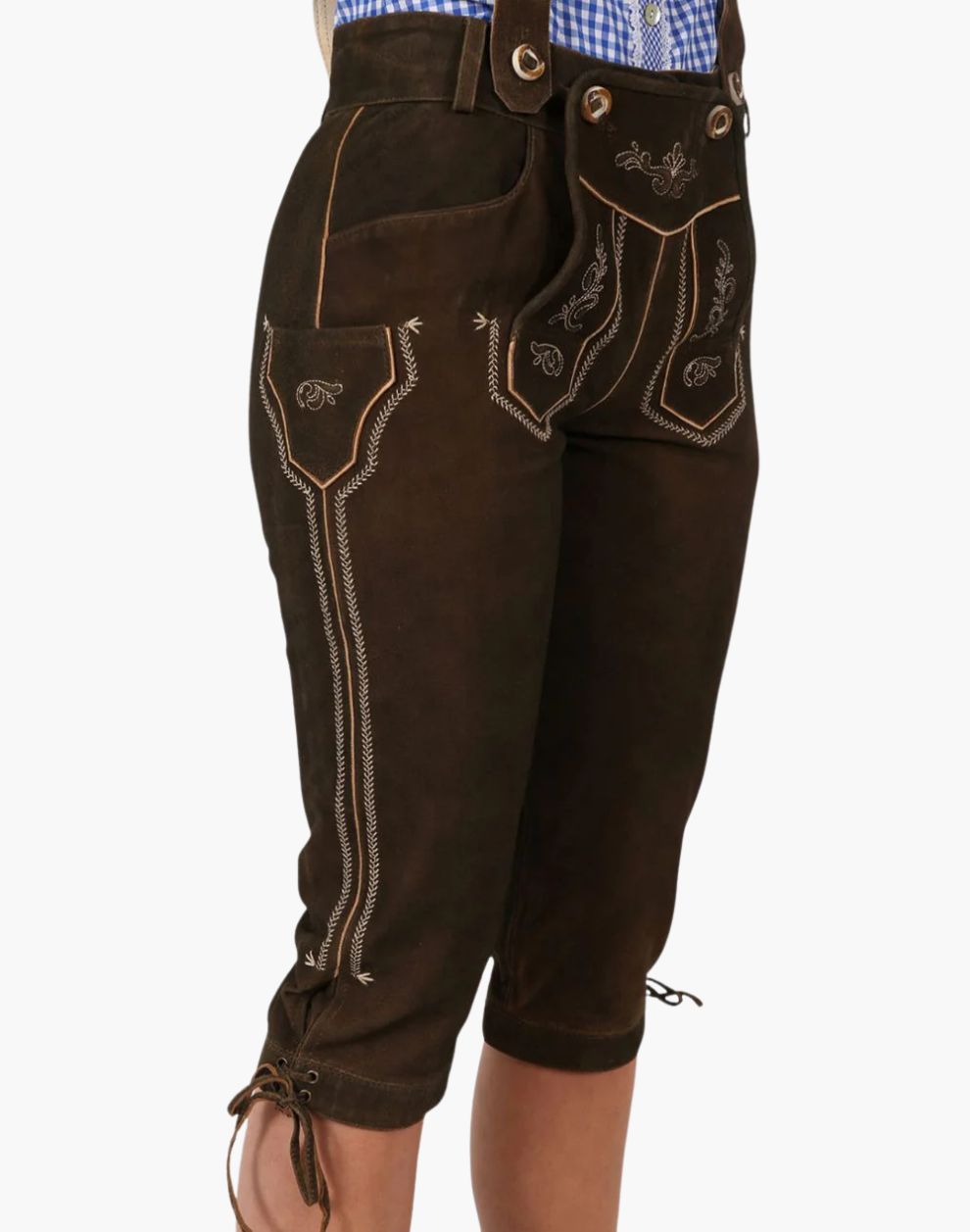 Brown traditional pants with decorative stitching on a white background