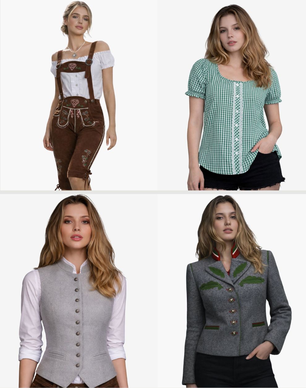 Four images of a woman wearing different outfits on a white background