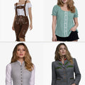 Four images of a woman wearing different outfits on a white background