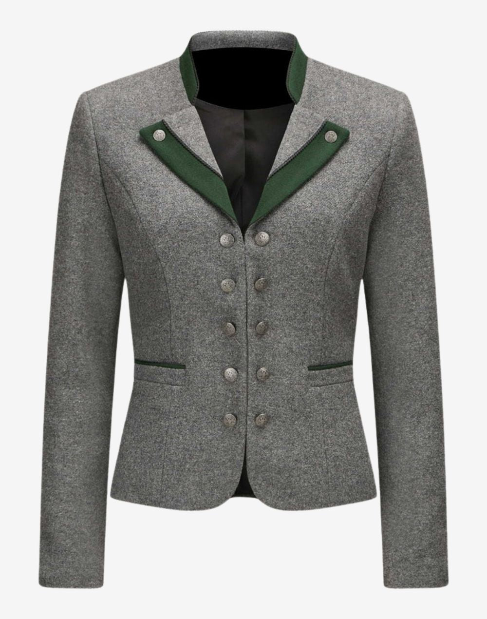 Front view of a women’s grey wool trachten-style jacket featuring green contrast lapel trim, decorative metal buttons, fitted tailoring, and traditional Alpine-inspired design.