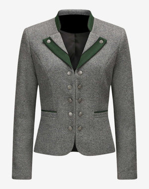 Front view of a women’s grey wool trachten-style jacket featuring green contrast lapel trim, decorative metal buttons, fitted tailoring, and traditional Alpine-inspired design.