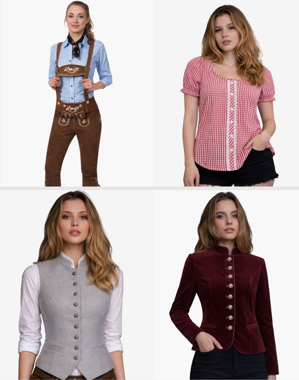 Four images of a woman wearing different outfits on a white background