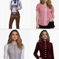 Four images of a woman wearing different outfits on a white background
