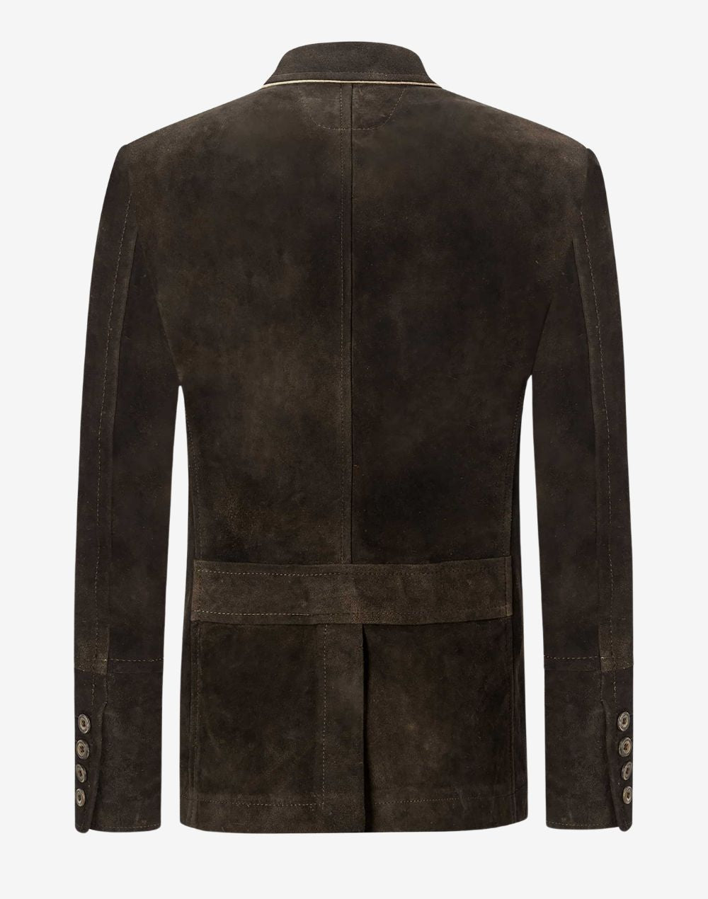 Back view of dark brown suede Trachten coat for men showcasing tailored fit, structured seams, and classic Alpine craftsmanship.