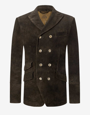 Front view of dark brown suede Trachten coat for men featuring double-breasted button design, traditional Bavarian style, and premium suede texture.