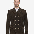 Model wearing dark brown suede Trachten coat for men with double-breasted style, traditional Bavarian design, and Oktoberfest outfit inspiration.