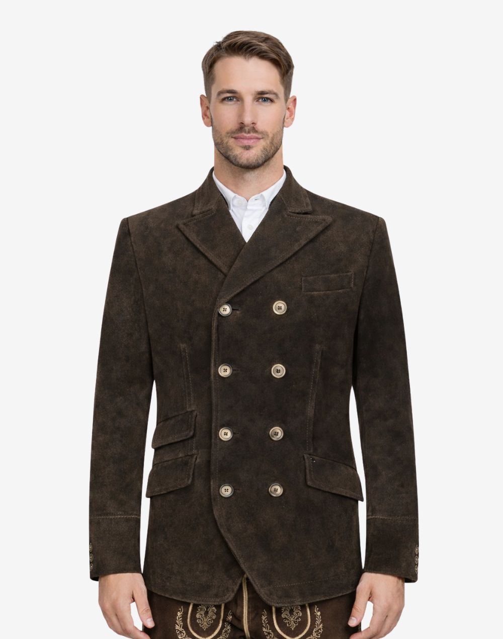 Model wearing dark brown suede Trachten coat for men with double-breasted style, traditional Bavarian design, and Oktoberfest outfit inspiration.
