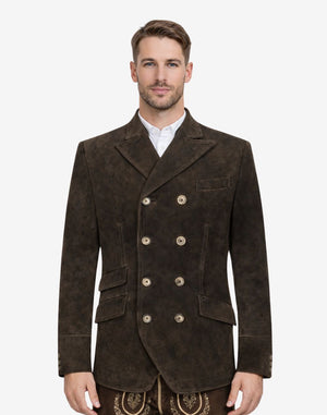 Model wearing dark brown suede Trachten coat for men with double-breasted style, traditional Bavarian design, and Oktoberfest outfit inspiration.
