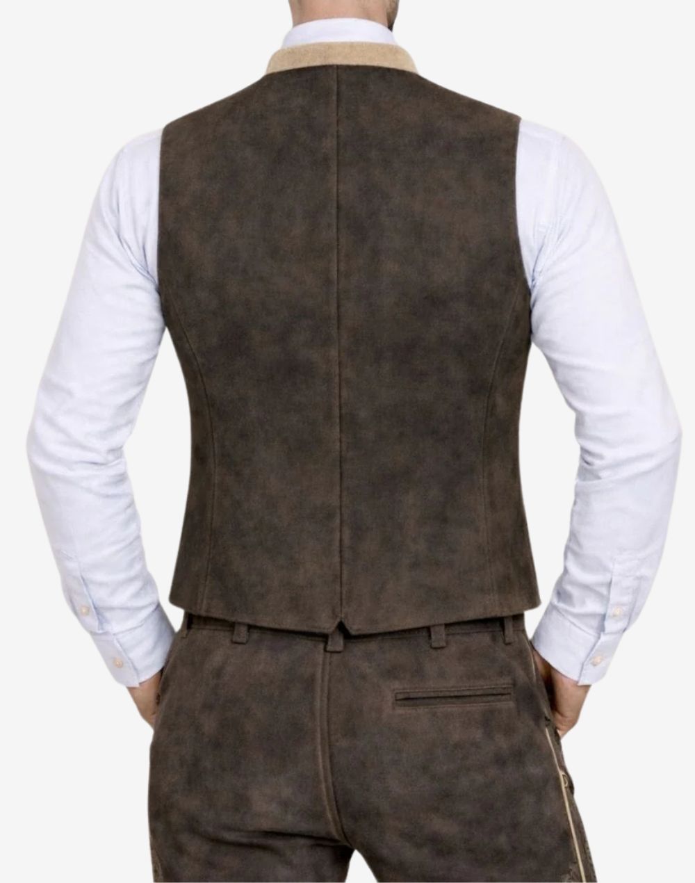 Back view of mens dark brown suede Trachten vest showing clean tailored fit and classic alpine styling.