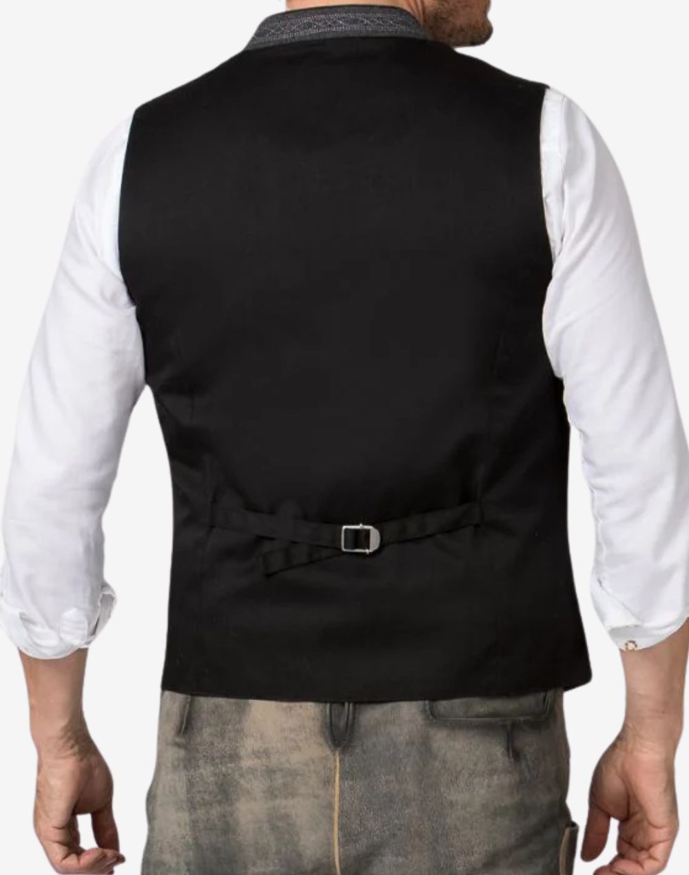 Back view of dark grey wool Alpine vest for men with adjustable strap, smooth lining, and classic tailored Bavarian style.