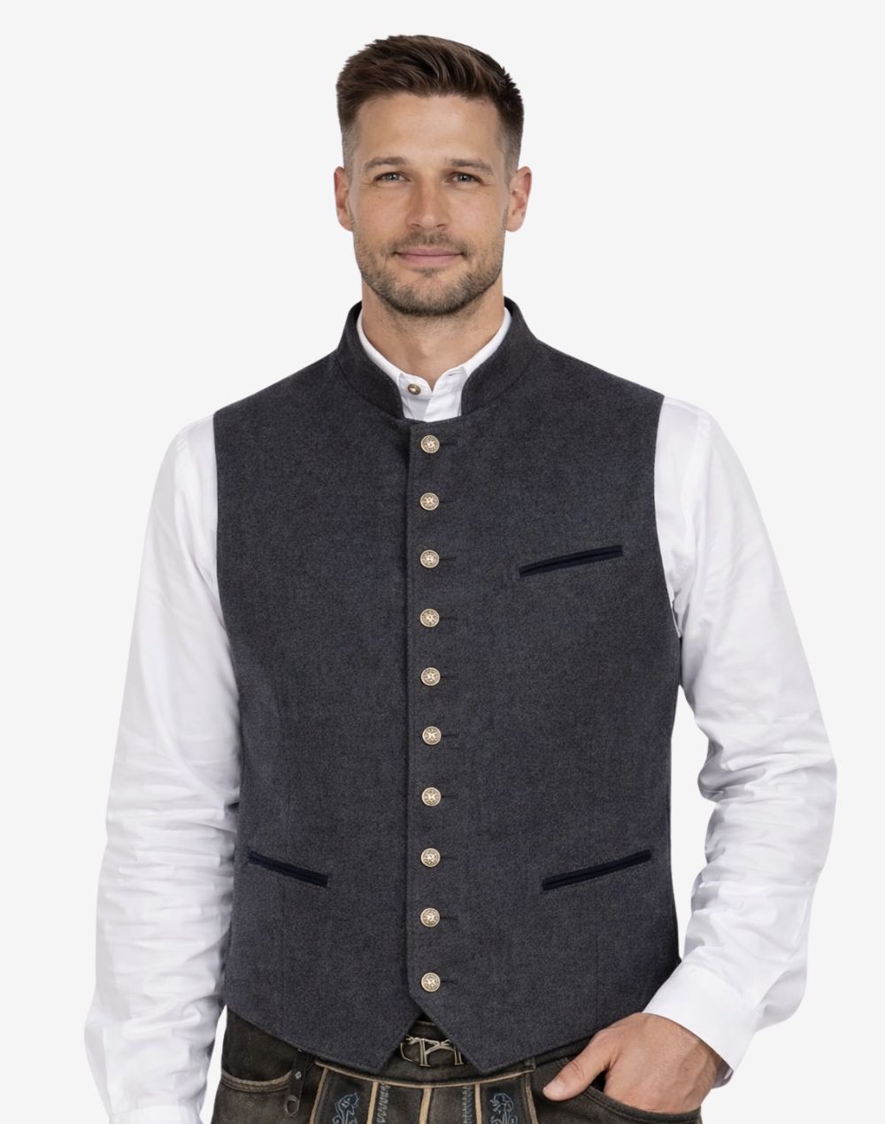 Model wearing dark grey wool Alpine vest for men paired with traditional Bavarian outfit, perfect for Oktoberfest and cultural events.