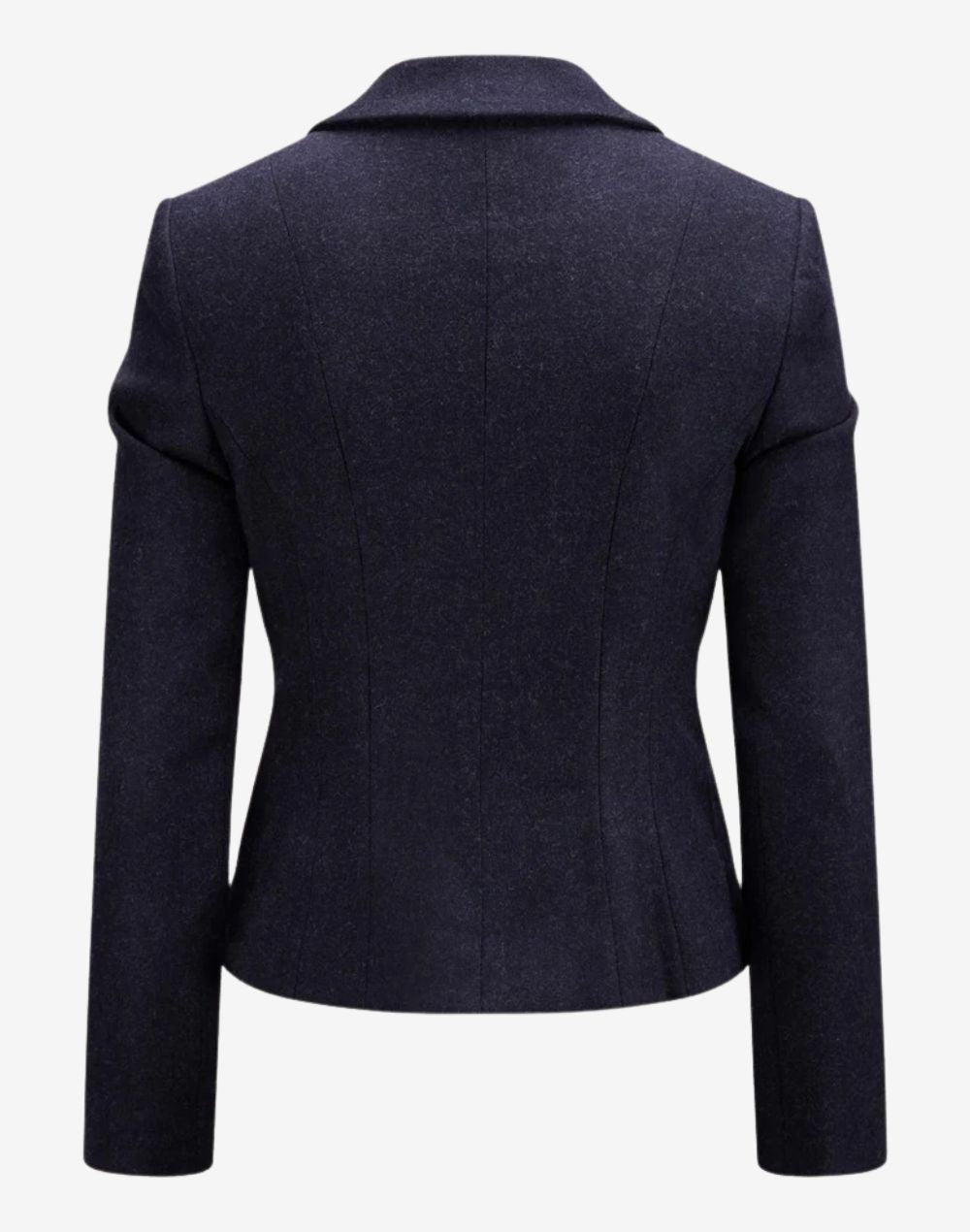 Back view of a women’s navy blue tailored trachten-style jacket featuring a structured fit, clean seam detailing, long sleeves, and a classic Alpine-inspired design.