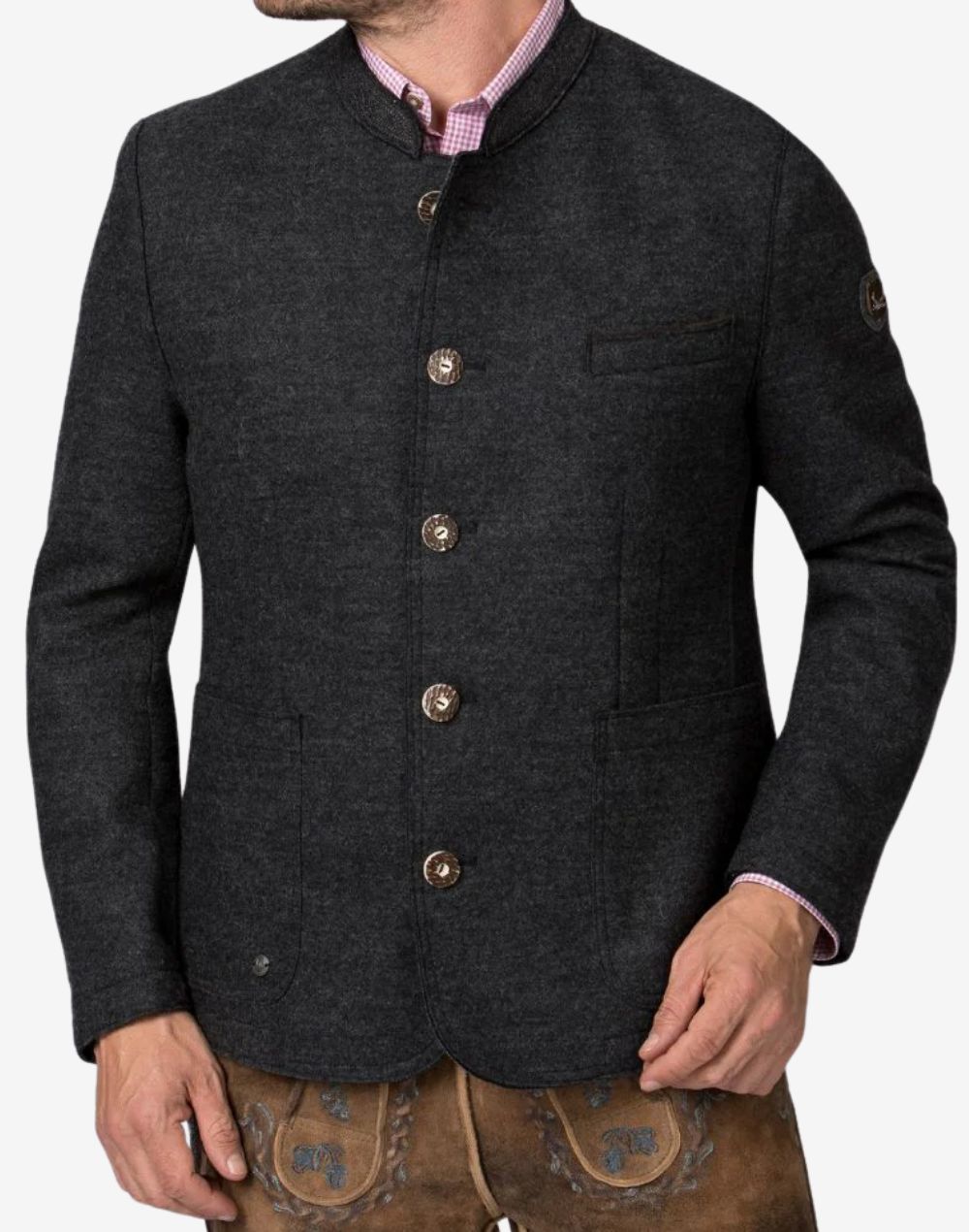 Front view of deep rustic charcoal Trachten jacket for men featuring stand collar, traditional Bavarian design, button closure, and tailored wool fit.
