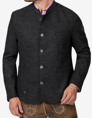 Front view of deep rustic charcoal Trachten jacket for men featuring stand collar, traditional Bavarian design, button closure, and tailored wool fit.