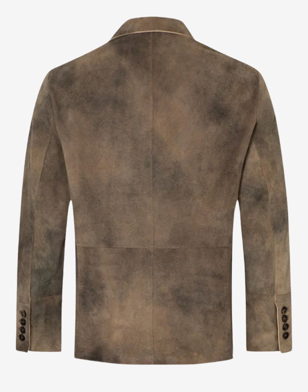 Back view of distressed suede men’s Trachten coat showcasing rustic texture, tailored fit, and traditional Bavarian design.