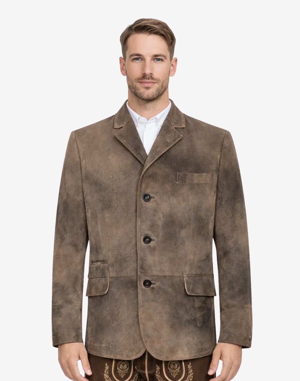 Model wearing distressed suede men’s Trachten coat with vintage brown finish, classic Bavarian style, button front closure, and traditional Oktoberfest look.