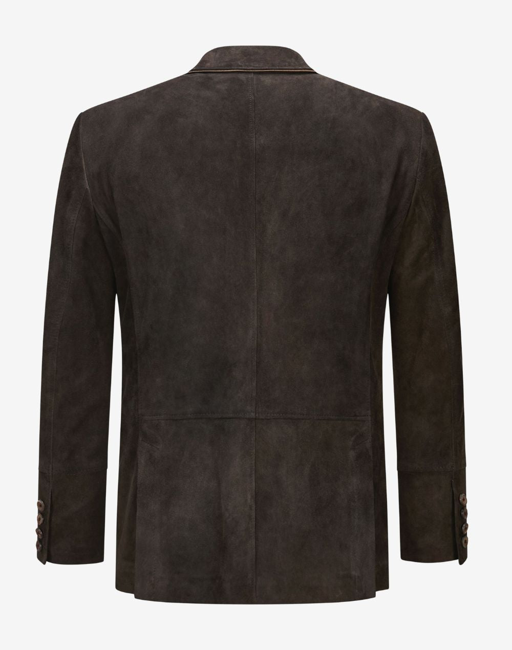 Back view of double breasted leather Trachten blazer showcasing tailored fit, smooth leather finish, and classic Alpine craftsmanship.