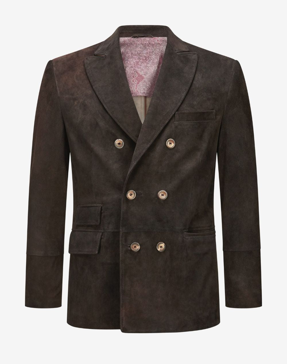 Front view of double breasted leather Trachten blazer featuring traditional Bavarian design, notch lapel, vintage distressed leather, and classic button closure.