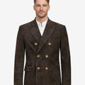 Model wearing double breasted leather Trachten blazer with traditional Bavarian style, notch lapel, and authentic Oktoberfest outfit look.