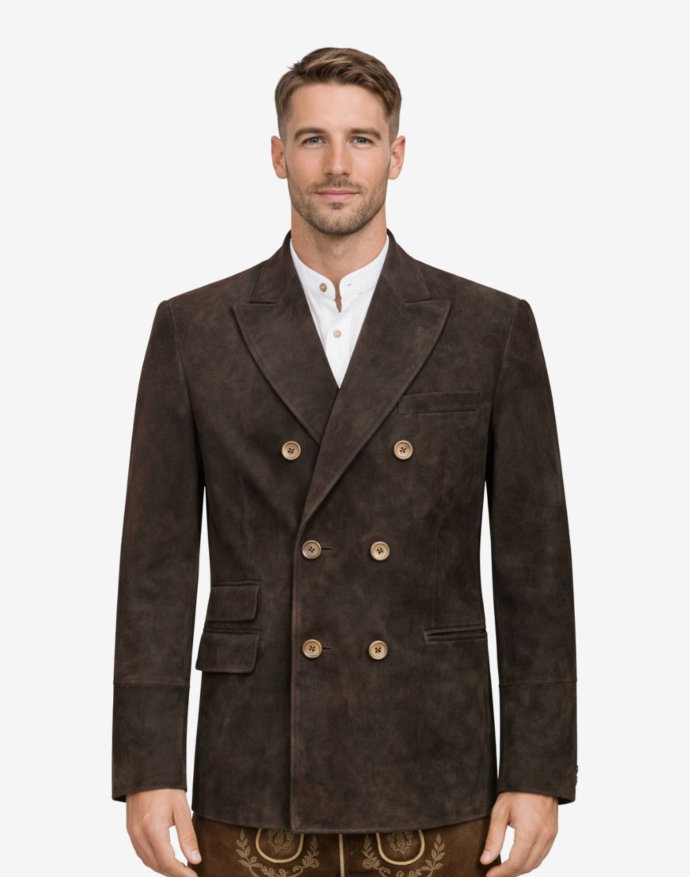 Model wearing double breasted leather Trachten blazer with traditional Bavarian style, notch lapel, and authentic Oktoberfest outfit look.