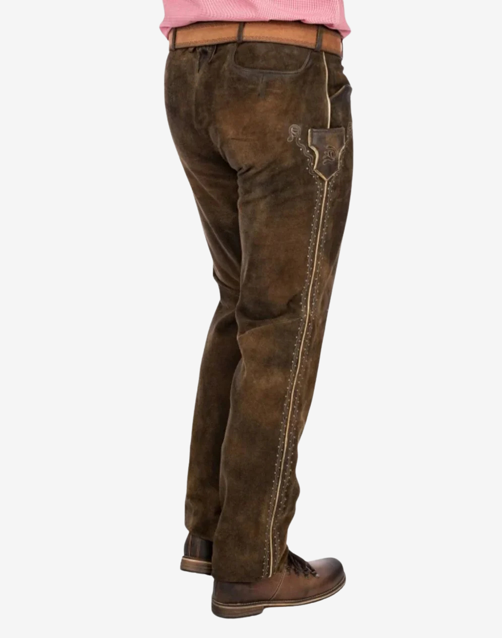 Brown pants worn by a person on a white background