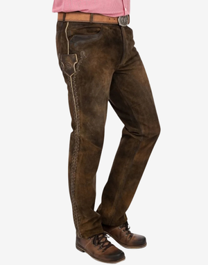 Brown jeans worn by a person on a white background