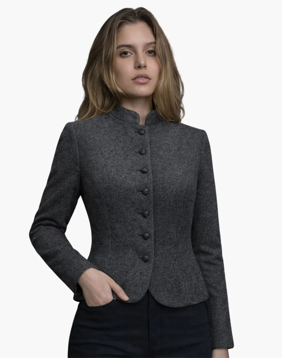 Woman wearing a gray blazer with black buttons on a white background