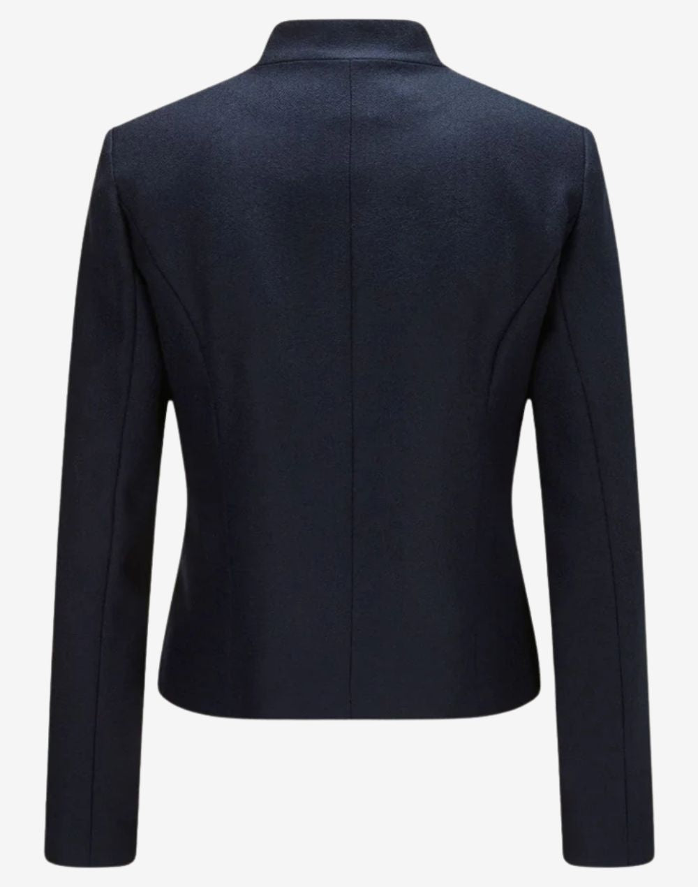 Back view of a women’s navy blue traditional trachten jacket with a tailored fit, long sleeves, and clean seam detailing for a structured Alpine-inspired look.