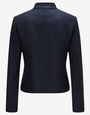 Back view of a women’s navy blue traditional trachten jacket with a tailored fit, long sleeves, and clean seam detailing for a structured Alpine-inspired look.