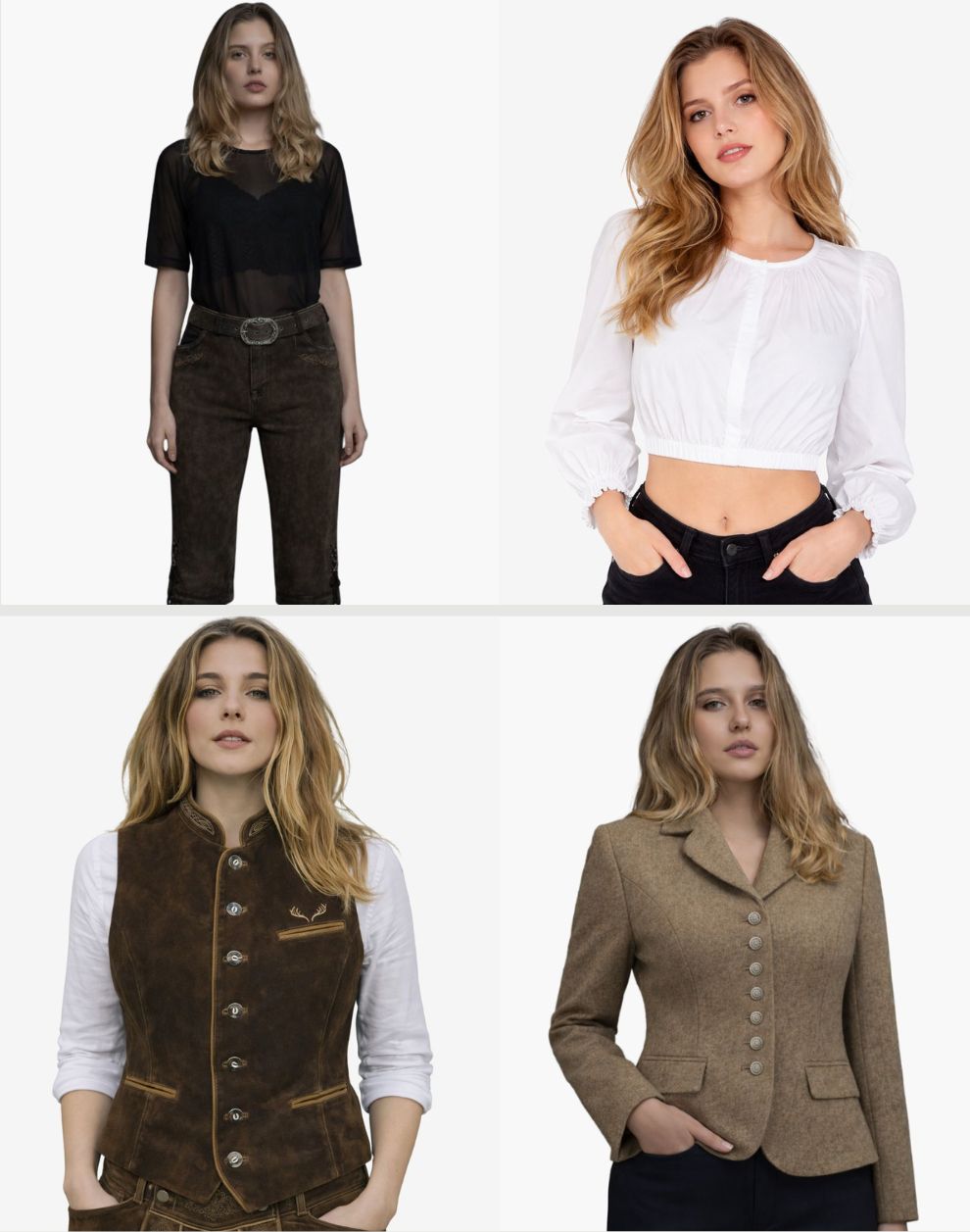 Four different outfits worn by a model on a white background