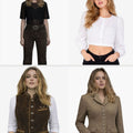 Four different outfits worn by a model on a white background