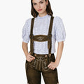 Woman wearing embroidered brown leather lederhosen shorts with a blue  shirt , styled in traditional Bavarian Oktoberfest fashion.