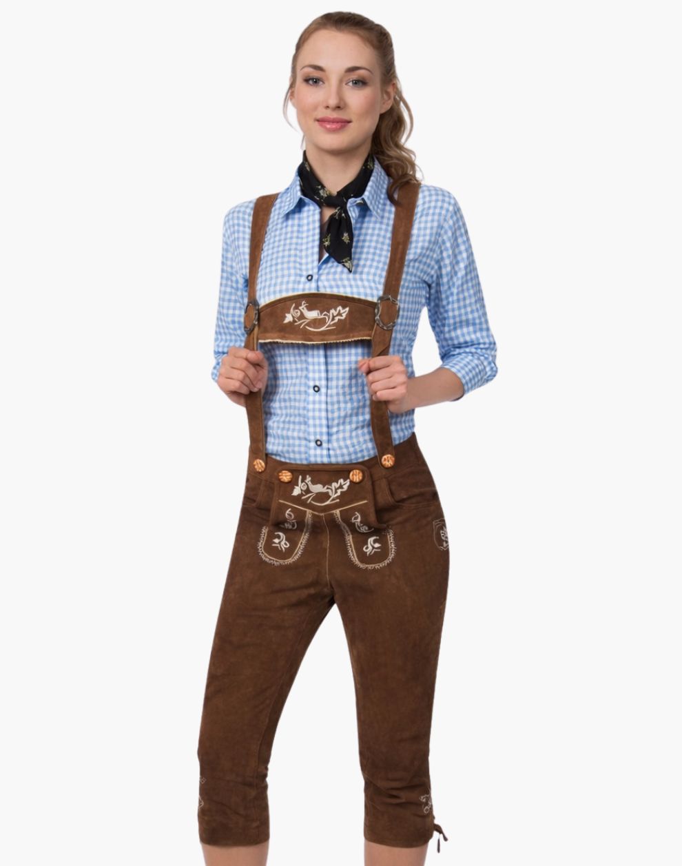 Woman wearing traditional Bavarian lederhosen with a white background