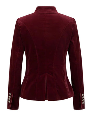 Maroon velvet blazer on a white background