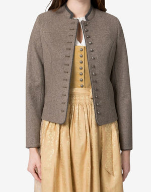 Women’s traditional Bavarian trachten jacket in taupe wool with stand collar and decorative button front, styled over a gold patterned dirndl dress for a classic alpine outfit.