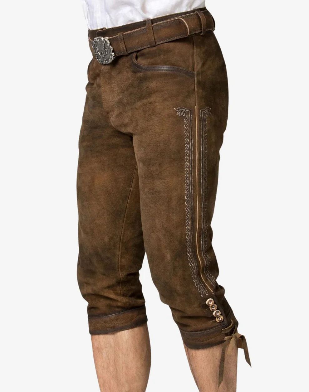 Brown leather pants with decorative stitching on a white background